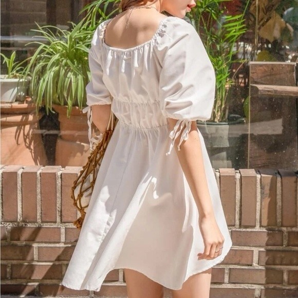 Dazy SHEIN White Ruched Bust Puffed Sleeve Summer Dress Small - Picture 2 of 5